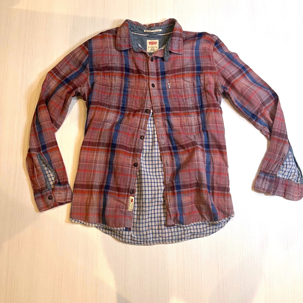 Levi's Mens Plaid Button Down Shirt Red Blue XL Regular Fit Double Layer Flannel
